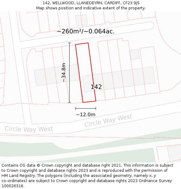 142, WELLWOOD, LLANEDEYRN, CARDIFF, CF23 9JS: Plot and title map