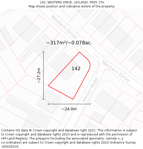 142, WESTERN DRIVE, LEYLAND, PR25 1YH: Plot and title map