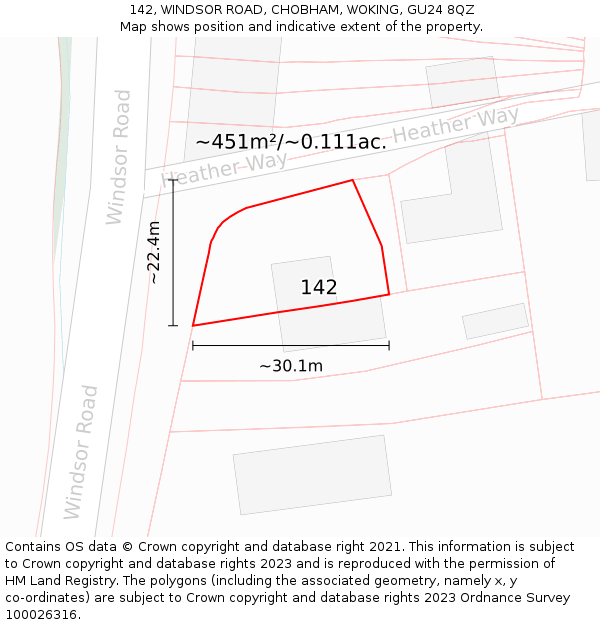 142, WINDSOR ROAD, CHOBHAM, WOKING, GU24 8QZ: Plot and title map