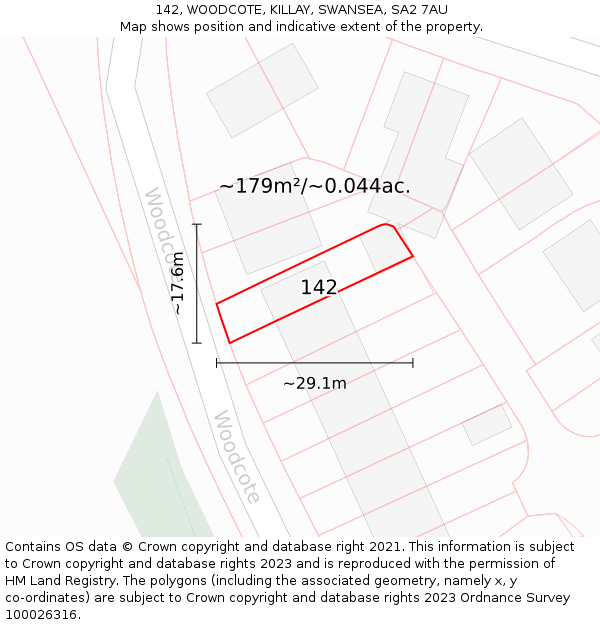 142, WOODCOTE, KILLAY, SWANSEA, SA2 7AU: Plot and title map