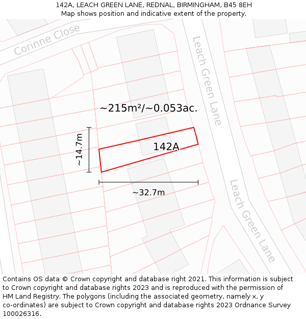 142A, LEACH GREEN LANE, REDNAL, BIRMINGHAM, B45 8EH: Plot and title map