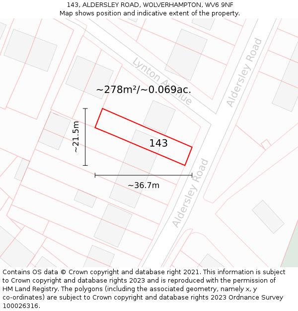 143, ALDERSLEY ROAD, WOLVERHAMPTON, WV6 9NF: Plot and title map