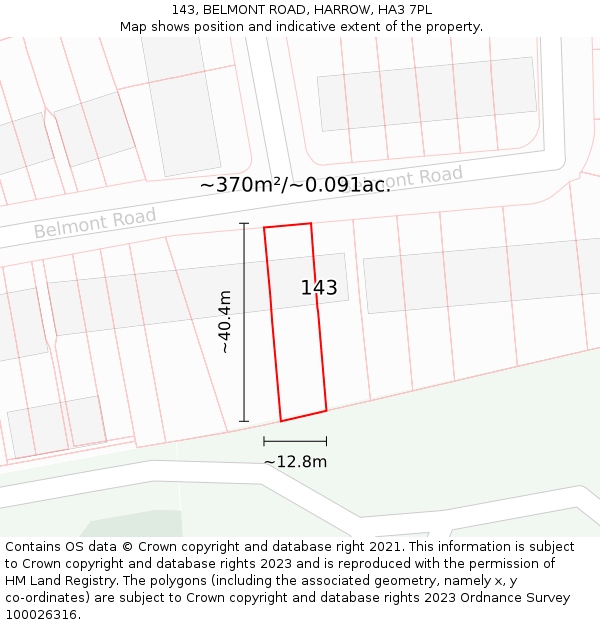 143, BELMONT ROAD, HARROW, HA3 7PL: Plot and title map