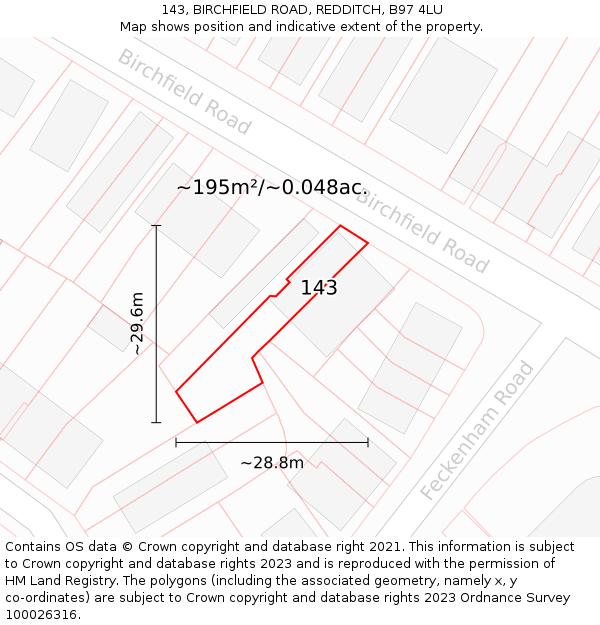 143, BIRCHFIELD ROAD, REDDITCH, B97 4LU: Plot and title map