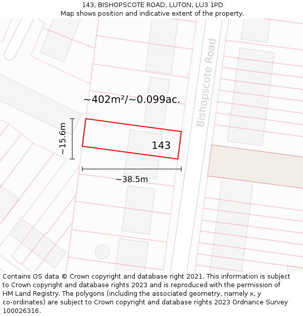 143, BISHOPSCOTE ROAD, LUTON, LU3 1PD: Plot and title map