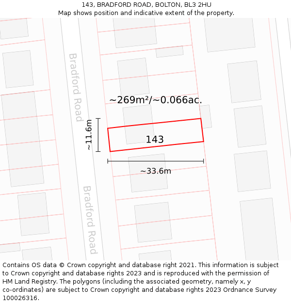 143, BRADFORD ROAD, BOLTON, BL3 2HU: Plot and title map