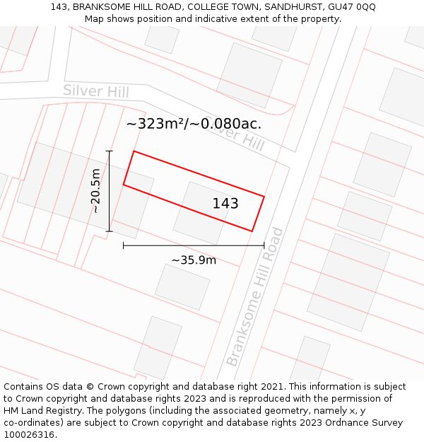 143, BRANKSOME HILL ROAD, COLLEGE TOWN, SANDHURST, GU47 0QQ: Plot and title map
