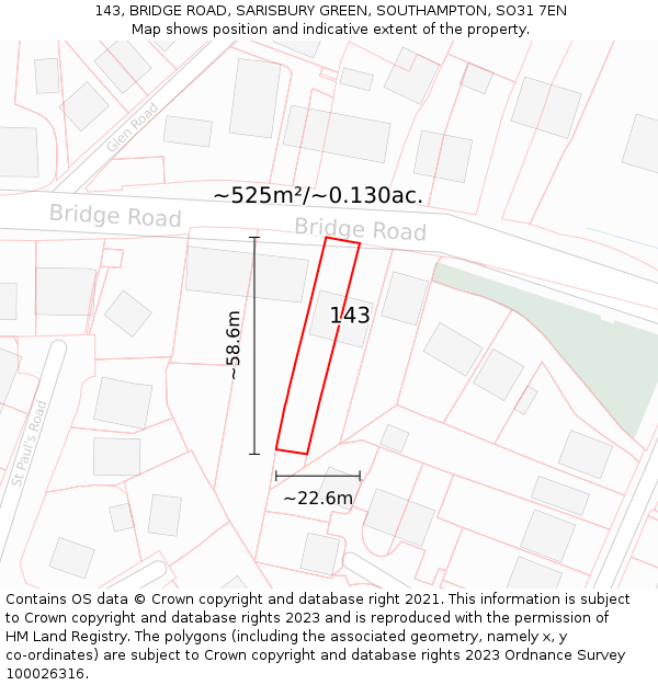 143, BRIDGE ROAD, SARISBURY GREEN, SOUTHAMPTON, SO31 7EN: Plot and title map