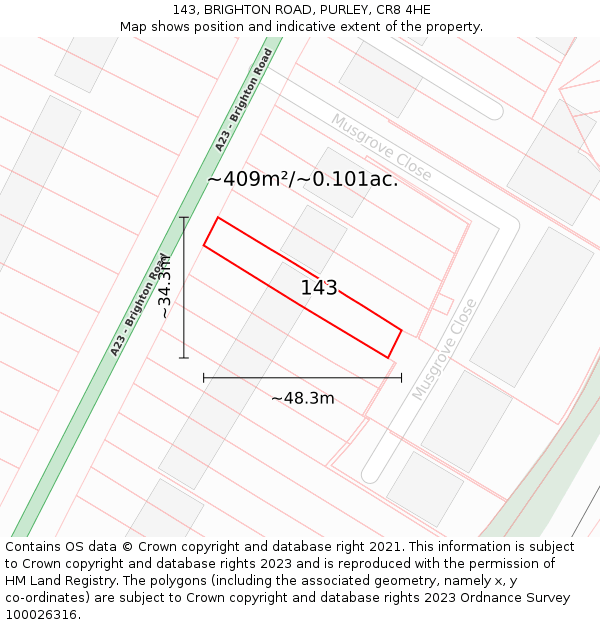 143, BRIGHTON ROAD, PURLEY, CR8 4HE: Plot and title map