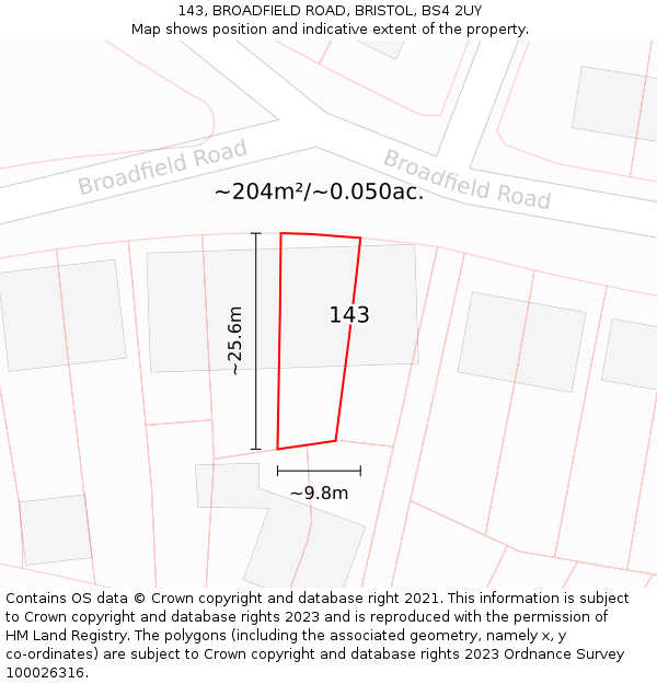 143, BROADFIELD ROAD, BRISTOL, BS4 2UY: Plot and title map
