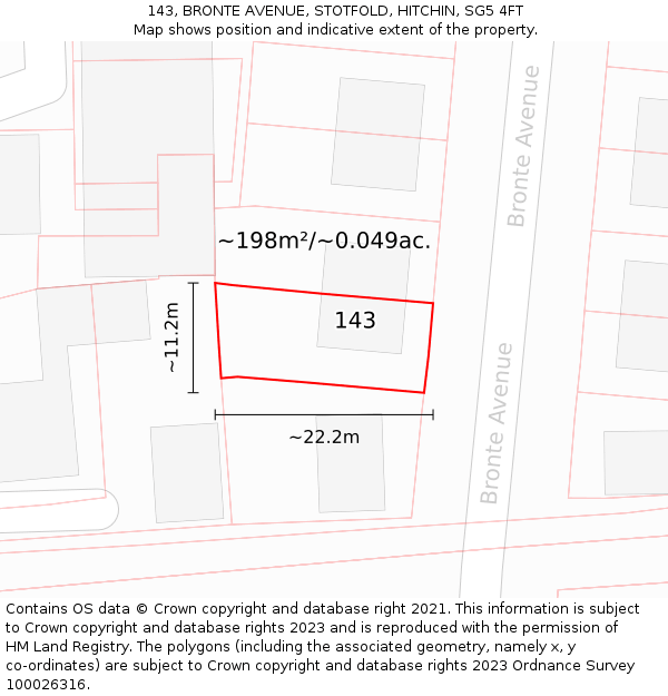 143, BRONTE AVENUE, STOTFOLD, HITCHIN, SG5 4FT: Plot and title map