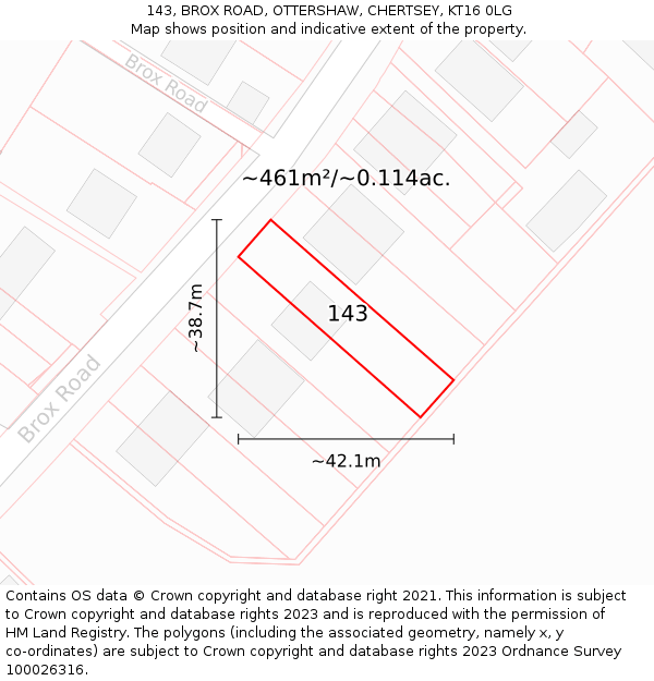 143, BROX ROAD, OTTERSHAW, CHERTSEY, KT16 0LG: Plot and title map