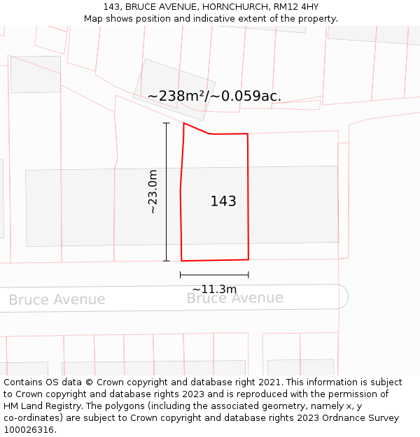 143, BRUCE AVENUE, HORNCHURCH, RM12 4HY: Plot and title map
