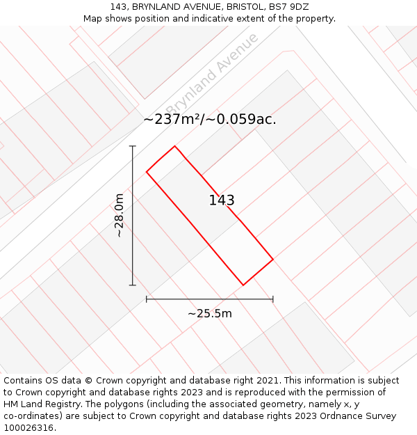 143, BRYNLAND AVENUE, BRISTOL, BS7 9DZ: Plot and title map