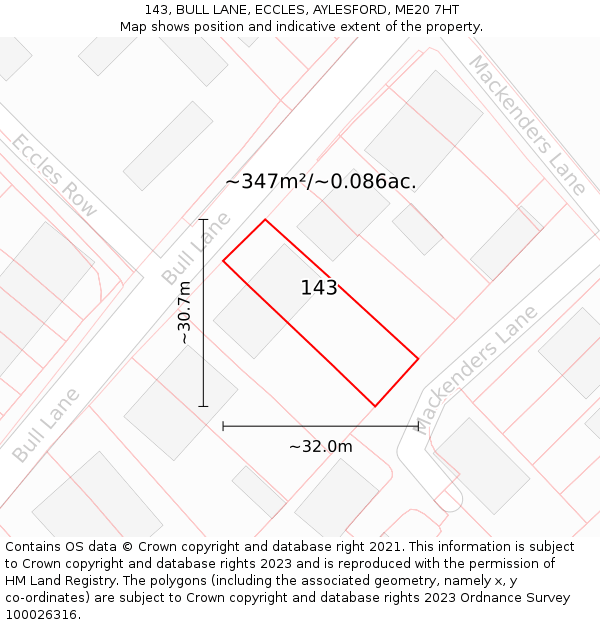 143, BULL LANE, ECCLES, AYLESFORD, ME20 7HT: Plot and title map