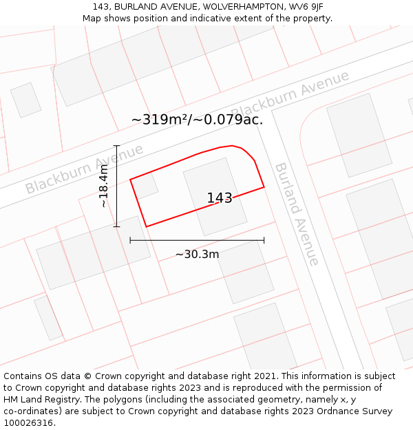143, BURLAND AVENUE, WOLVERHAMPTON, WV6 9JF: Plot and title map