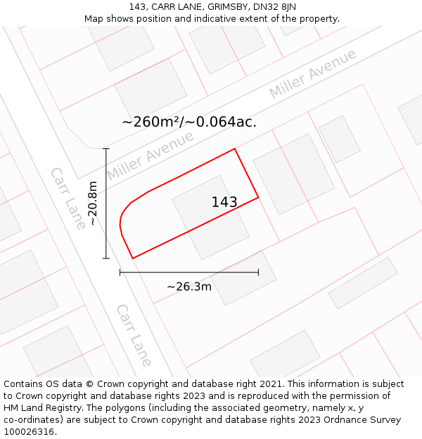 143, CARR LANE, GRIMSBY, DN32 8JN: Plot and title map
