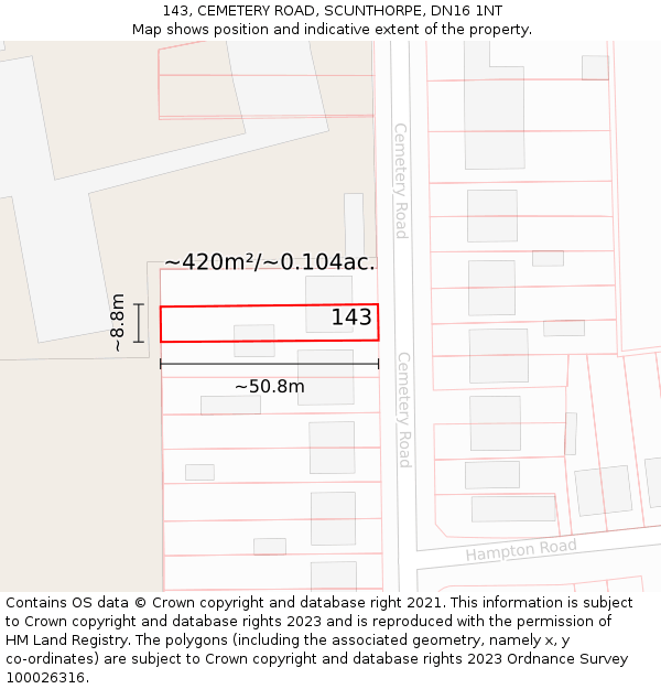 143, CEMETERY ROAD, SCUNTHORPE, DN16 1NT: Plot and title map