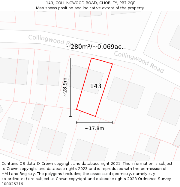 143, COLLINGWOOD ROAD, CHORLEY, PR7 2QF: Plot and title map