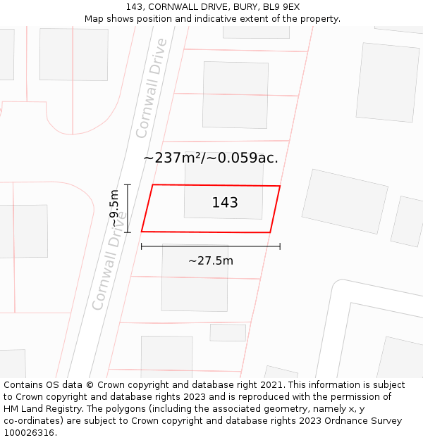 143, CORNWALL DRIVE, BURY, BL9 9EX: Plot and title map