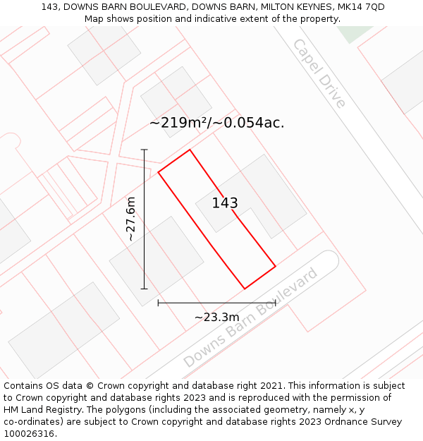 143, DOWNS BARN BOULEVARD, DOWNS BARN, MILTON KEYNES, MK14 7QD: Plot and title map