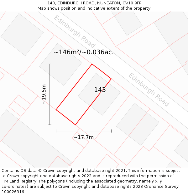143, EDINBURGH ROAD, NUNEATON, CV10 9FP: Plot and title map