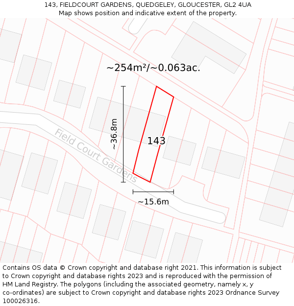 143, FIELDCOURT GARDENS, QUEDGELEY, GLOUCESTER, GL2 4UA: Plot and title map