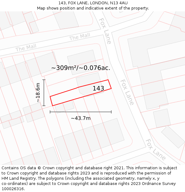 143, FOX LANE, LONDON, N13 4AU: Plot and title map