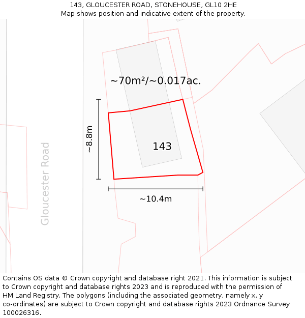 143, GLOUCESTER ROAD, STONEHOUSE, GL10 2HE: Plot and title map