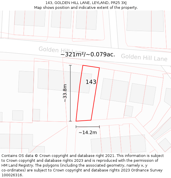 143, GOLDEN HILL LANE, LEYLAND, PR25 3XJ: Plot and title map