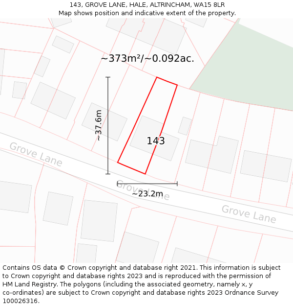 143, GROVE LANE, HALE, ALTRINCHAM, WA15 8LR: Plot and title map