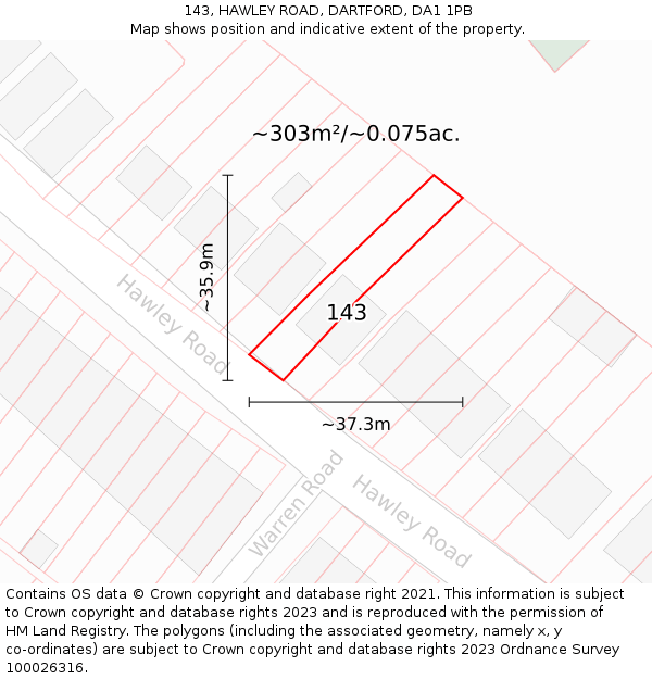 143, HAWLEY ROAD, DARTFORD, DA1 1PB: Plot and title map