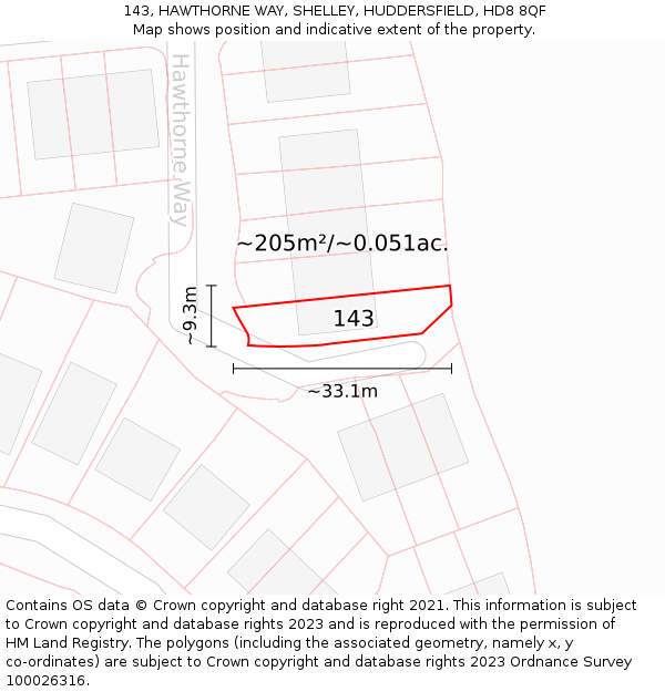 143, HAWTHORNE WAY, SHELLEY, HUDDERSFIELD, HD8 8QF: Plot and title map