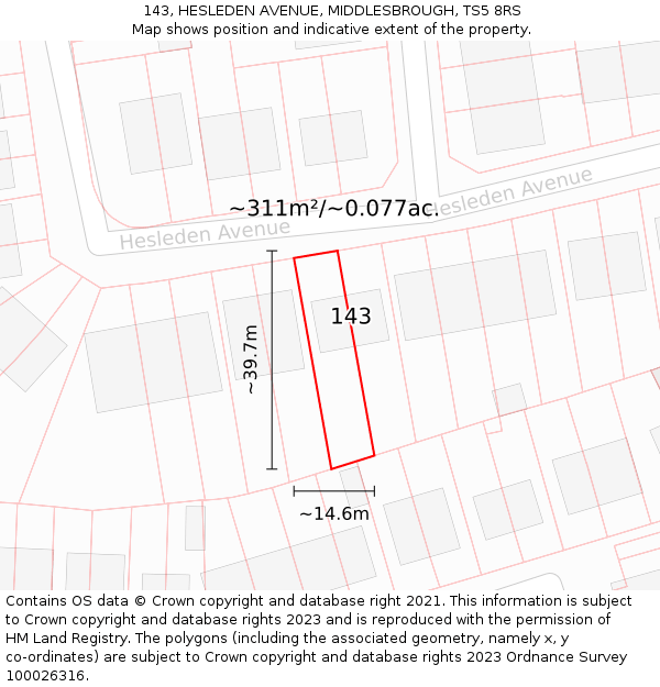143, HESLEDEN AVENUE, MIDDLESBROUGH, TS5 8RS: Plot and title map