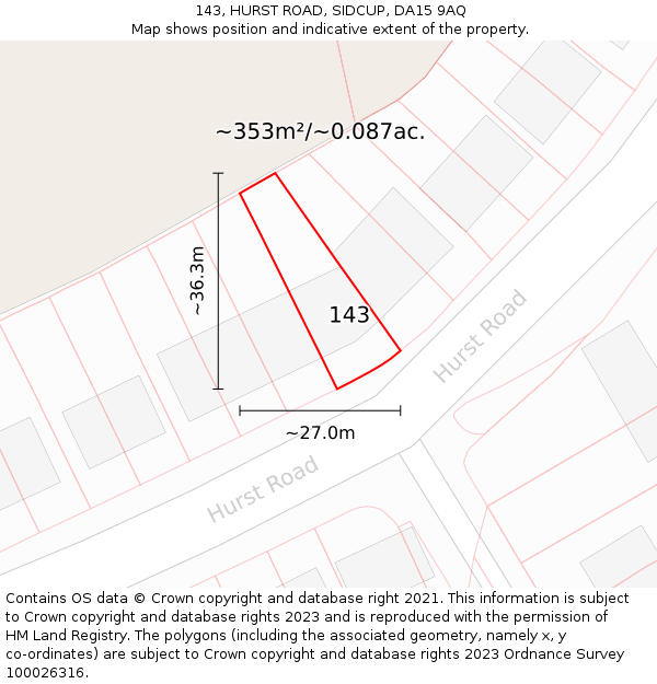 143, HURST ROAD, SIDCUP, DA15 9AQ: Plot and title map