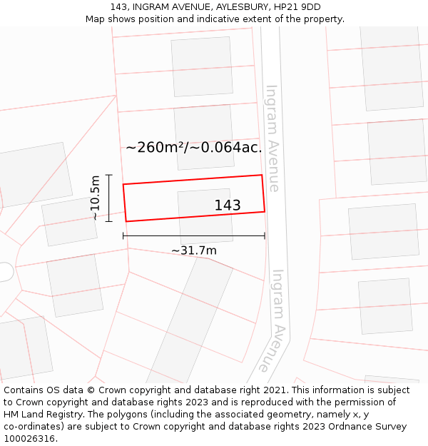 143, INGRAM AVENUE, AYLESBURY, HP21 9DD: Plot and title map