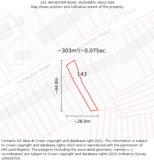 143, IRCHESTER ROAD, RUSHDEN, NN10 9QX: Plot and title map
