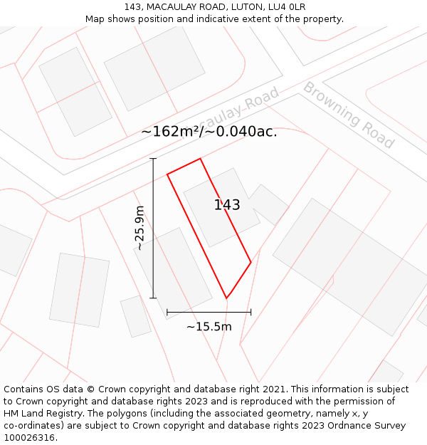 143, MACAULAY ROAD, LUTON, LU4 0LR: Plot and title map