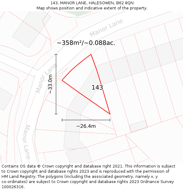 143, MANOR LANE, HALESOWEN, B62 8QN: Plot and title map