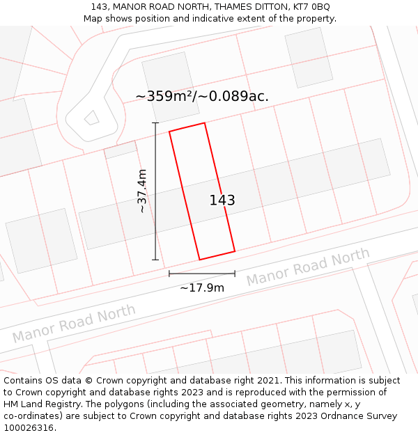143, MANOR ROAD NORTH, THAMES DITTON, KT7 0BQ: Plot and title map