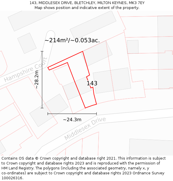143, MIDDLESEX DRIVE, BLETCHLEY, MILTON KEYNES, MK3 7EY: Plot and title map