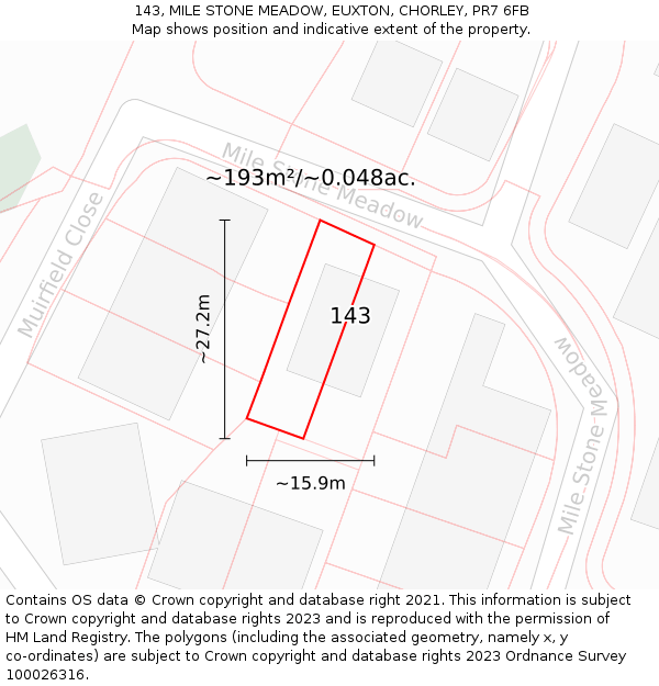 143, MILE STONE MEADOW, EUXTON, CHORLEY, PR7 6FB: Plot and title map