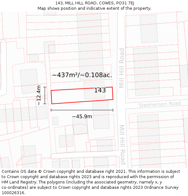 143, MILL HILL ROAD, COWES, PO31 7EJ: Plot and title map