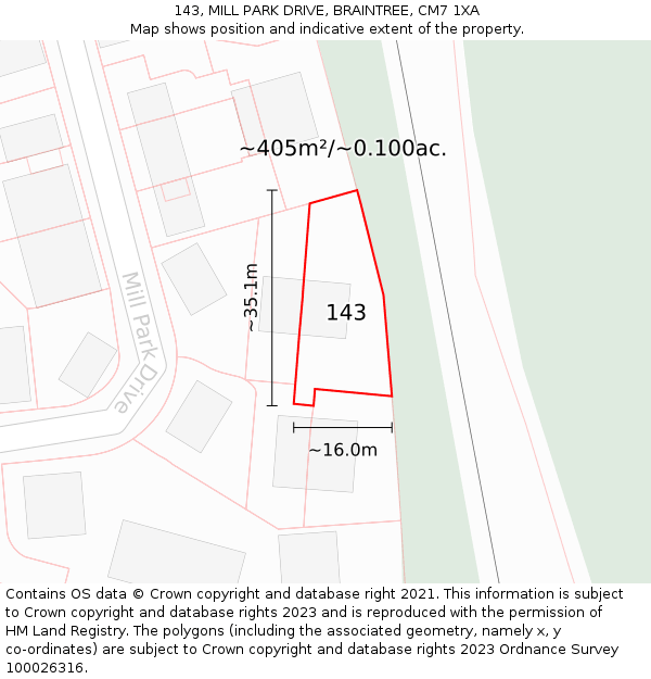 143, MILL PARK DRIVE, BRAINTREE, CM7 1XA: Plot and title map
