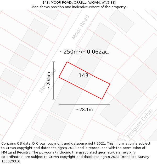 143, MOOR ROAD, ORRELL, WIGAN, WN5 8SJ: Plot and title map