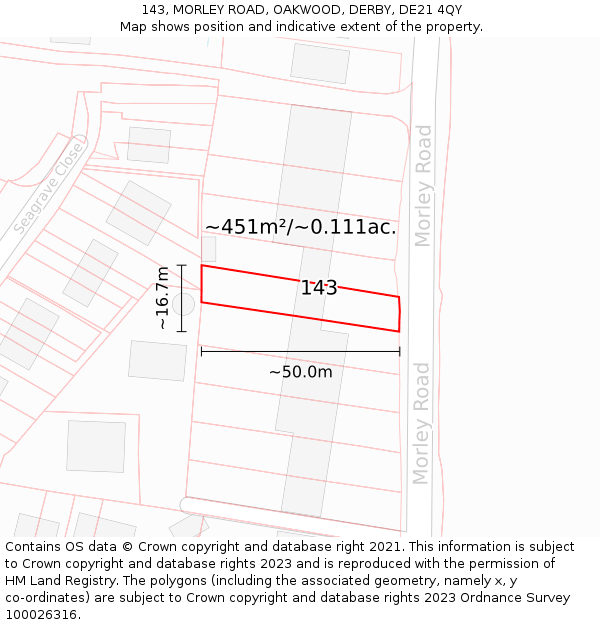 143, MORLEY ROAD, OAKWOOD, DERBY, DE21 4QY: Plot and title map