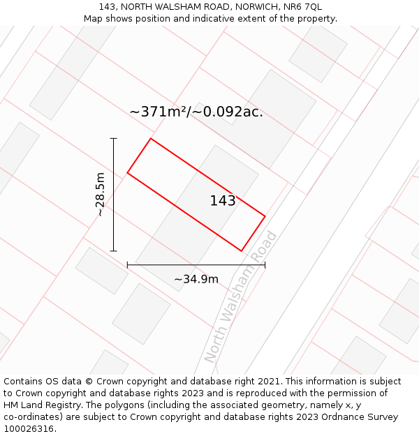 143, NORTH WALSHAM ROAD, NORWICH, NR6 7QL: Plot and title map