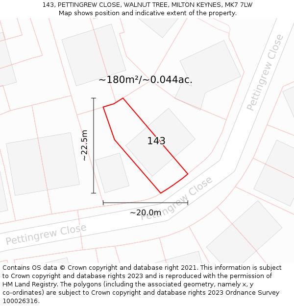 143, PETTINGREW CLOSE, WALNUT TREE, MILTON KEYNES, MK7 7LW: Plot and title map