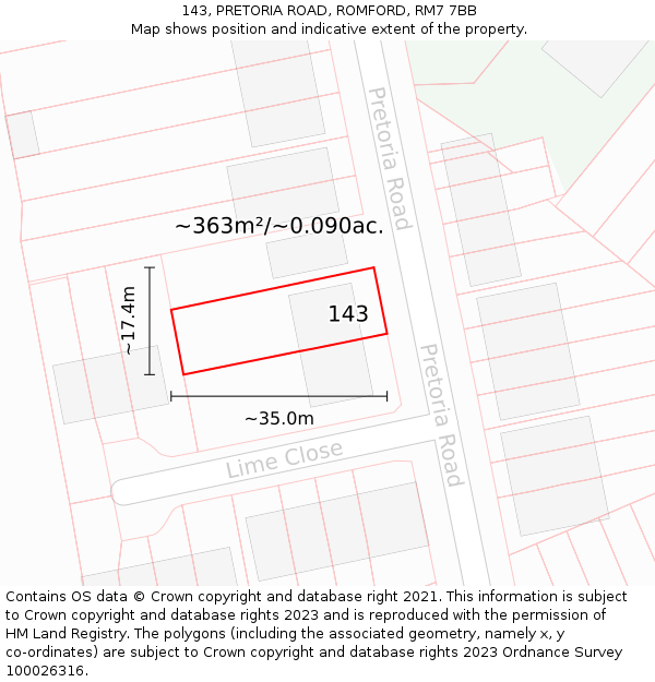 143, PRETORIA ROAD, ROMFORD, RM7 7BB: Plot and title map