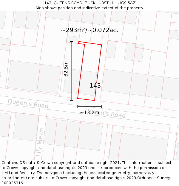 143, QUEENS ROAD, BUCKHURST HILL, IG9 5AZ: Plot and title map